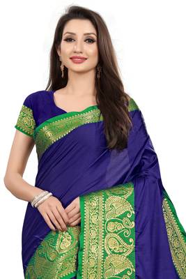 Blue Woven Cotton Silk Saree With Blouse 4