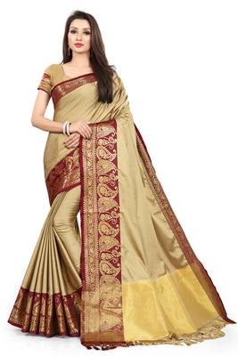 Beige Woven Cotton Silk Saree With Blouse 1