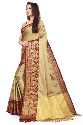Beige Woven Cotton Silk Saree With Blouse 2