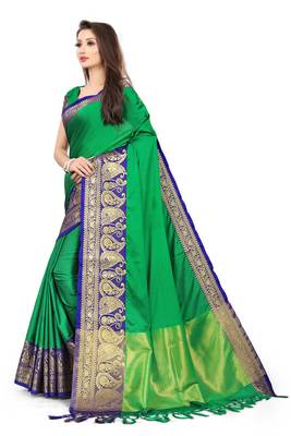 Green Woven Cotton Silk Saree With Blouse 2
