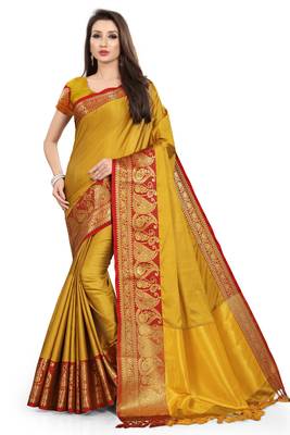 Gold Woven Cotton Silk Saree With Blouse 2