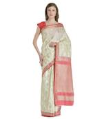 White Woven Jacquard Saree With Blouse