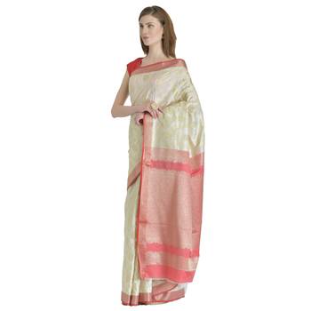 White Woven Jacquard Saree With Blouse 2