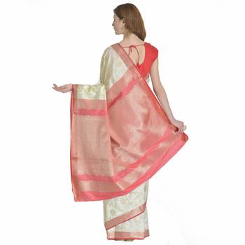White Woven Jacquard Saree With Blouse 3