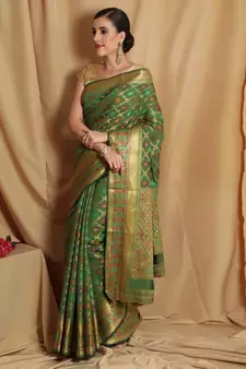 Green Woven Cotton Silk Saree With Blouse
