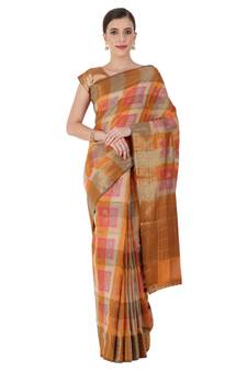 Orange Woven Silk Blend Saree With Blouse