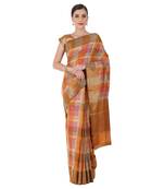 Orange Woven Silk Blend Saree With Blouse