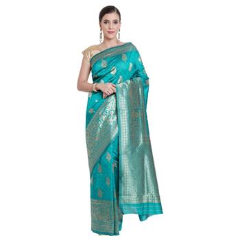 Green woven jacquard saree with blouse 1
