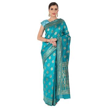 Green woven jacquard saree with blouse 1