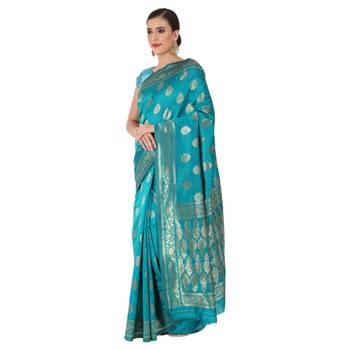 Green woven jacquard saree with blouse 2