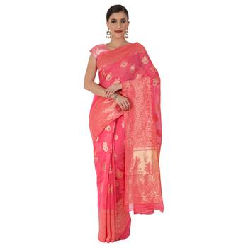 Pink Woven Jacquard Saree With Blouse 1