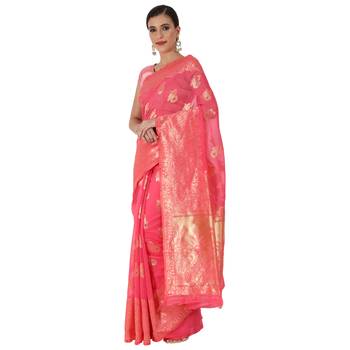 Pink Woven Jacquard Saree With Blouse 2