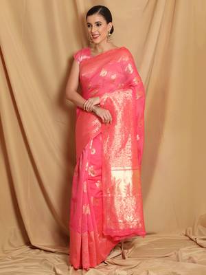 Pink Woven Jacquard Saree With Blouse 3