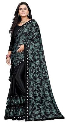 Black printed lycra saree with blouse 1