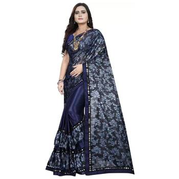 Navy blue printed lycra saree with blouse 1