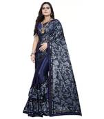 Navy blue printed lycra saree with blouse