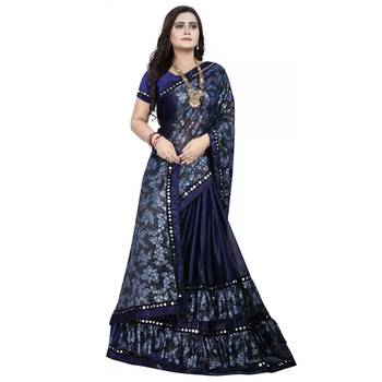 Navy blue printed lycra saree with blouse 2