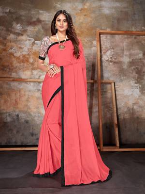 Pink plain lycra saree with blouse 1