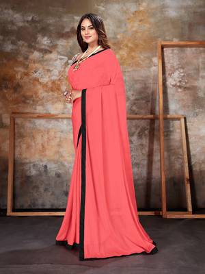 Pink plain lycra saree with blouse 2