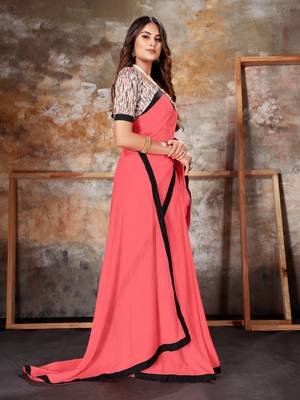 Pink plain lycra saree with blouse 3