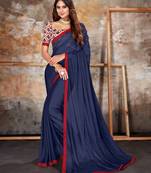 Navy blue plain lycra saree with blouse