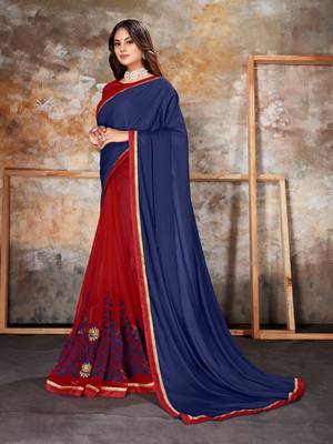 Navy blue embroidered lycra saree with blouse 2