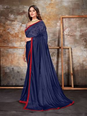 Navy blue plain lycra saree with blouse 2