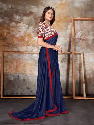 Navy blue plain lycra saree with blouse 3