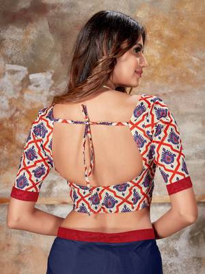 Navy blue plain lycra saree with blouse 5