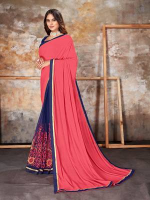 Pink embroidered lycra saree with blouse 2