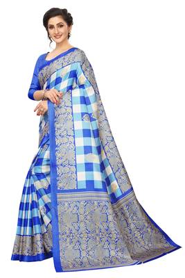 Blue printed art silk saree with blouse 2