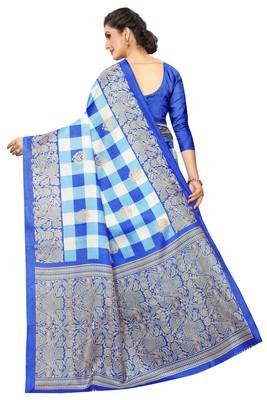 Blue printed art silk saree with blouse 3