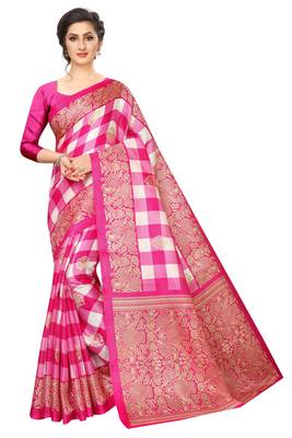 Pink printed art silk saree with blouse 1
