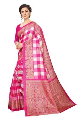 Pink printed art silk saree with blouse 2