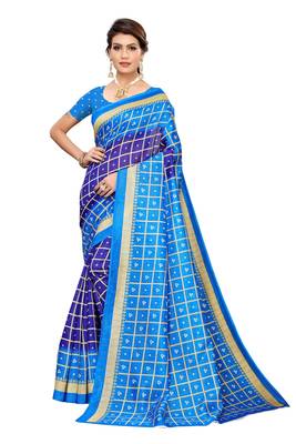 Blue printed art silk saree with blouse 1