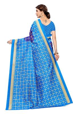 Blue printed art silk saree with blouse 4