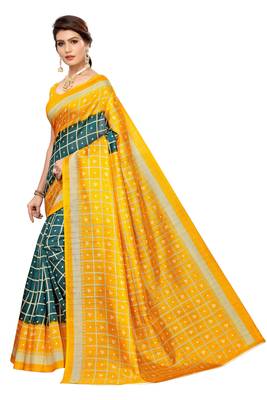 Mustard printed art silk saree with blouse 2