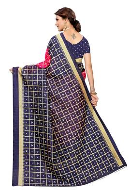 Navy blue printed art silk saree with blouse 4