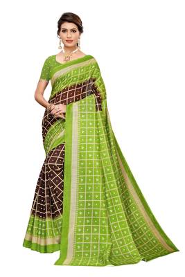 Green printed art silk saree with blouse 1