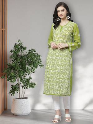 Hand Embroidered Green Georgette Lucknow Chikankari Women Kurta Trouser Set with slip 1