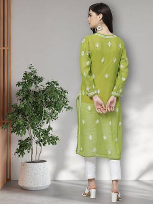 Hand Embroidered Green Georgette Lucknow Chikankari Women Kurta Trouser Set with slip 2