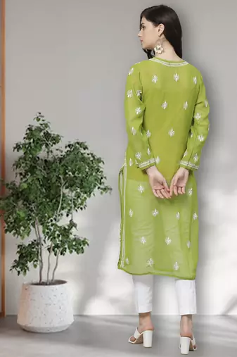 Hand Embroidered Green Georgette Lucknow Chikankari Women Kurta Trouser Set with slip