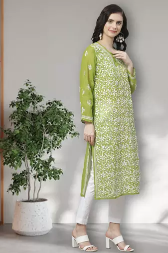 Hand Embroidered Green Georgette Lucknow Chikankari Women Kurta Trouser Set with slip