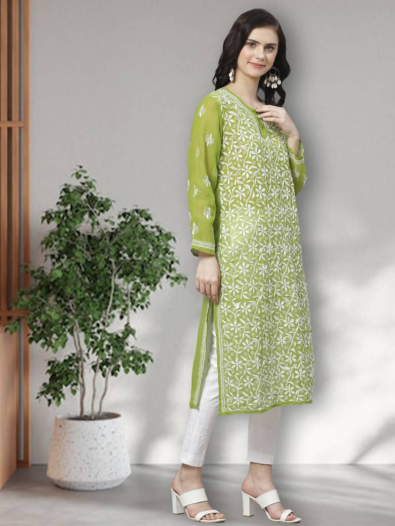 Hand Embroidered Green Georgette Lucknow Chikankari Women Kurta Trouser Set with slip