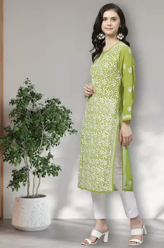 Hand Embroidered Green Georgette Lucknow Chikankari Women Kurta Trouser Set with slip