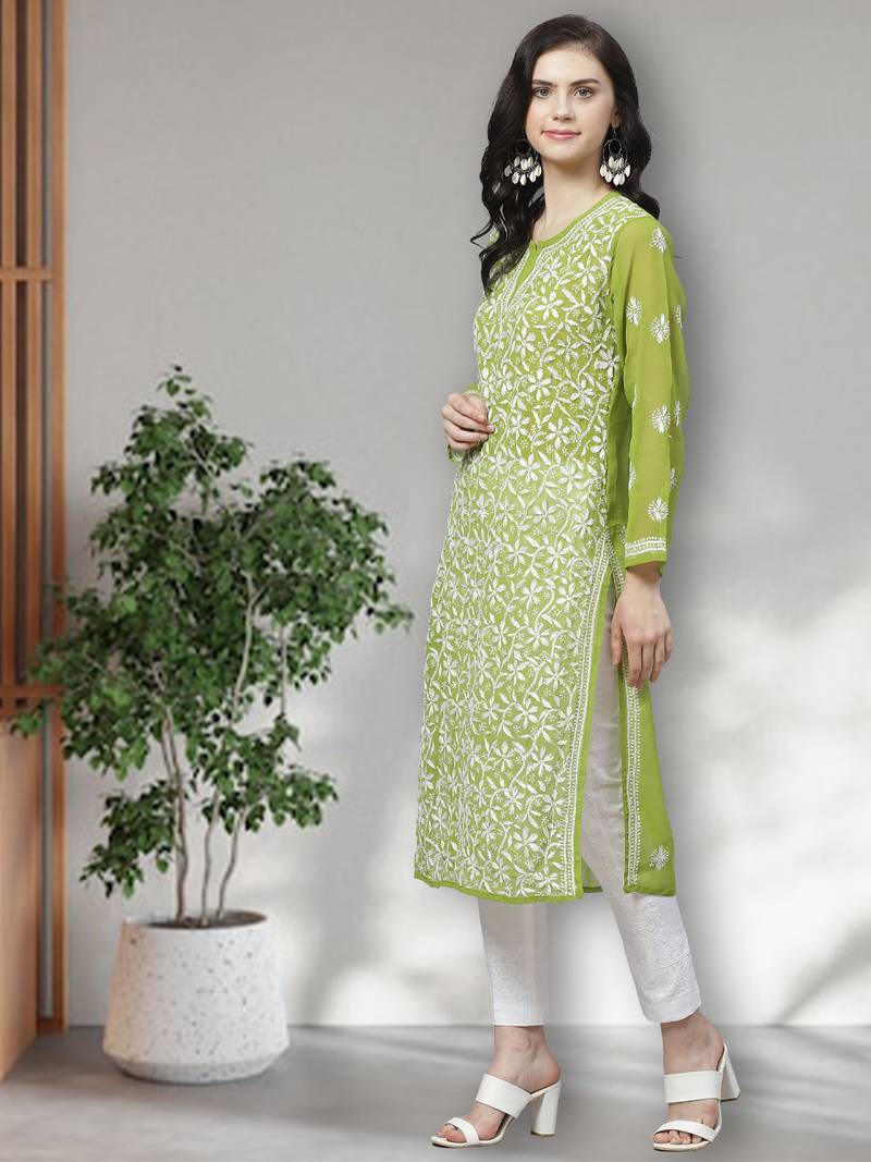 Hand Embroidered Green Georgette Lucknow Chikankari Women Kurta Trouser Set with slip
