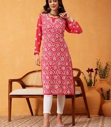 Ada Hand Embroidered Carrot Pink Georgette Lucknow Chikankari Women Kurta Trouser Set with slip - A100562