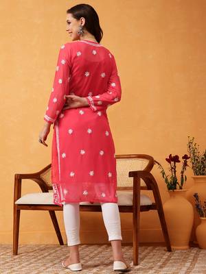 Ada Hand Embroidered Carrot Pink Georgette Lucknow Chikankari Women Kurta Trouser Set with slip - A100562 3