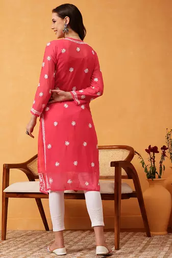 Ada Hand Embroidered Carrot Pink Georgette Lucknow Chikankari Women Kurta Trouser Set with slip - A100562