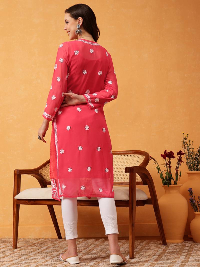 Ada Hand Embroidered Carrot Pink Georgette Lucknow Chikankari Women Kurta Trouser Set with slip - A100562